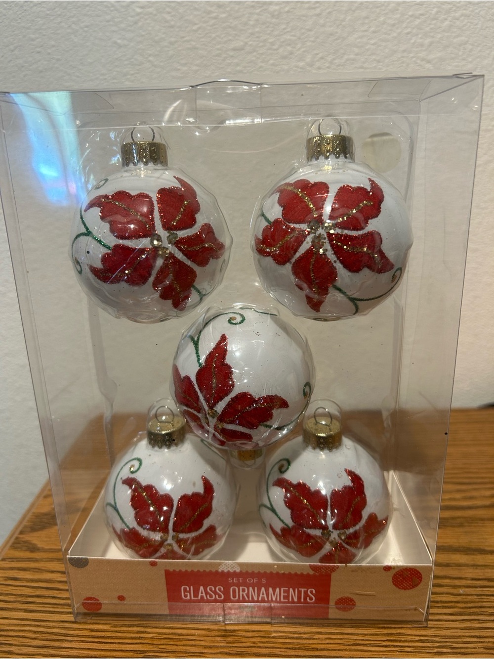 White Glass Holiday Ornaments with Red Poinsettia Design - Set of 5